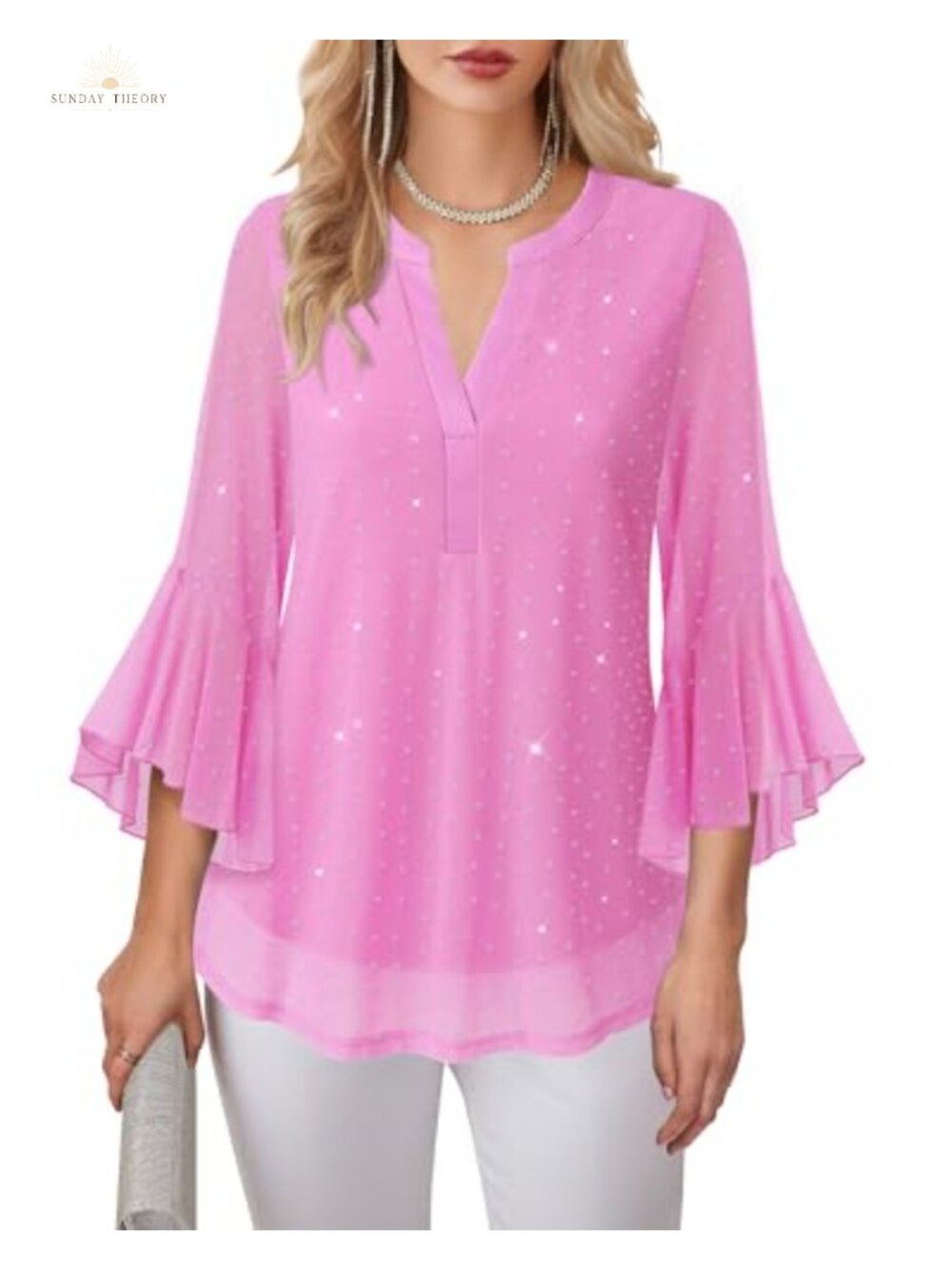 Womens 3/4 Bell Sleeve V Neck Blouse A-Line Tunic Work Party Top